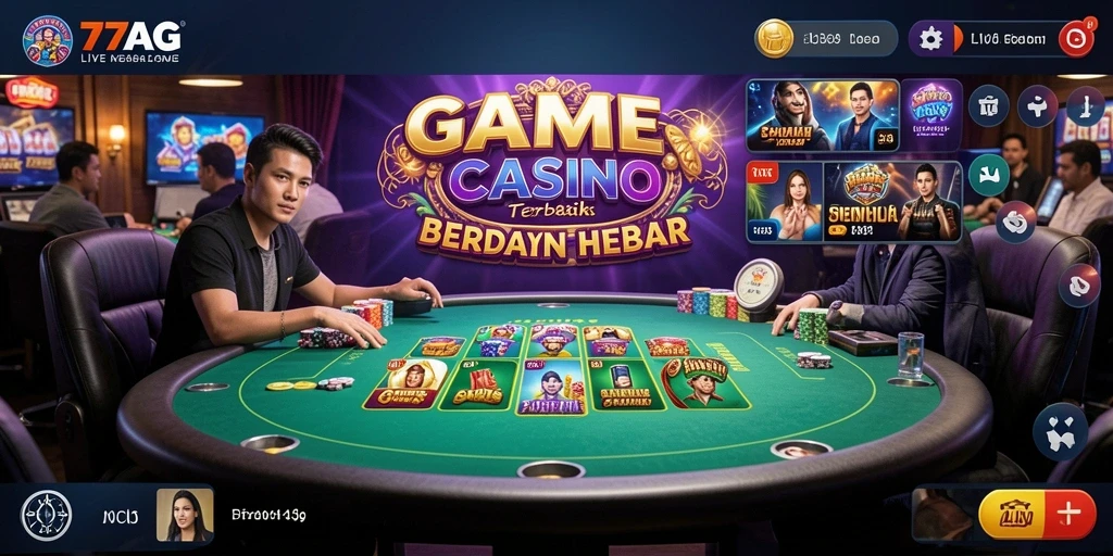 Screenshot gameplay 77AG menampilkan dealer dan pemain dalam suasana kasino nyata.