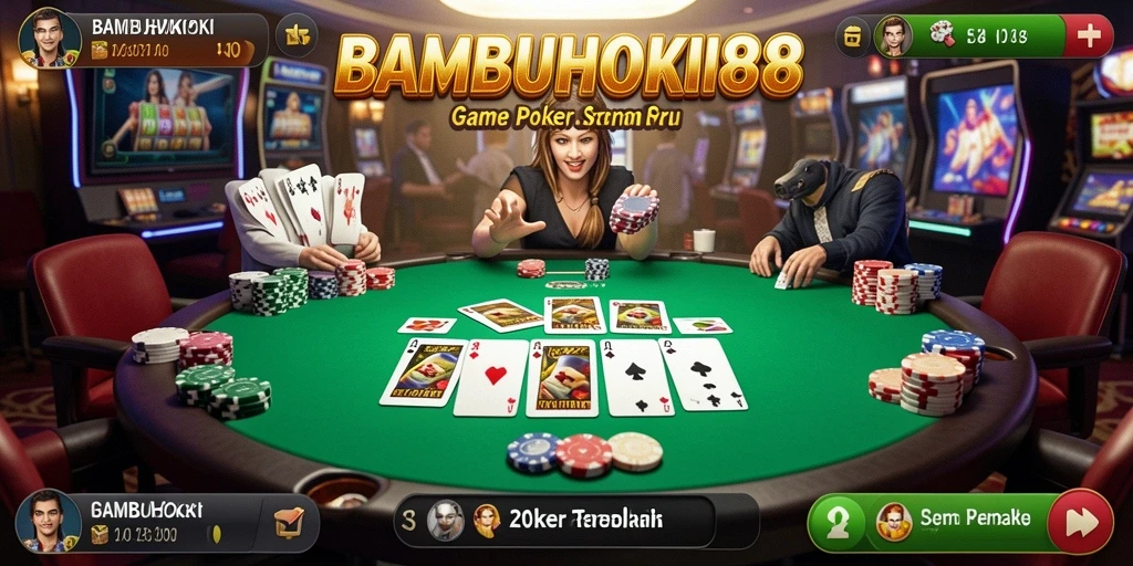 Screenshot utama BAMBUHOKI88 menampilkan aksi mendebarkan dalam permainan Poker.