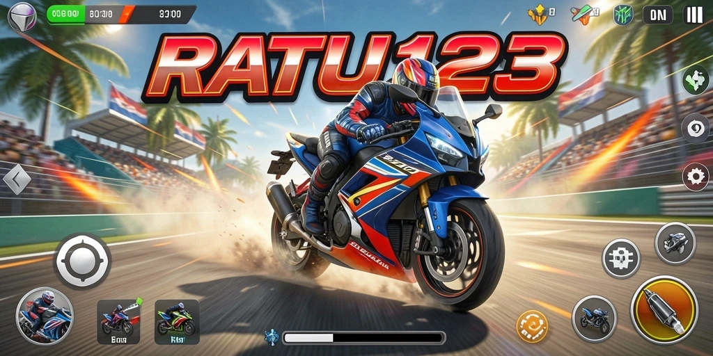 Tampilan gameplay seru di RATU123 dengan balapan motor yang menegangkan.