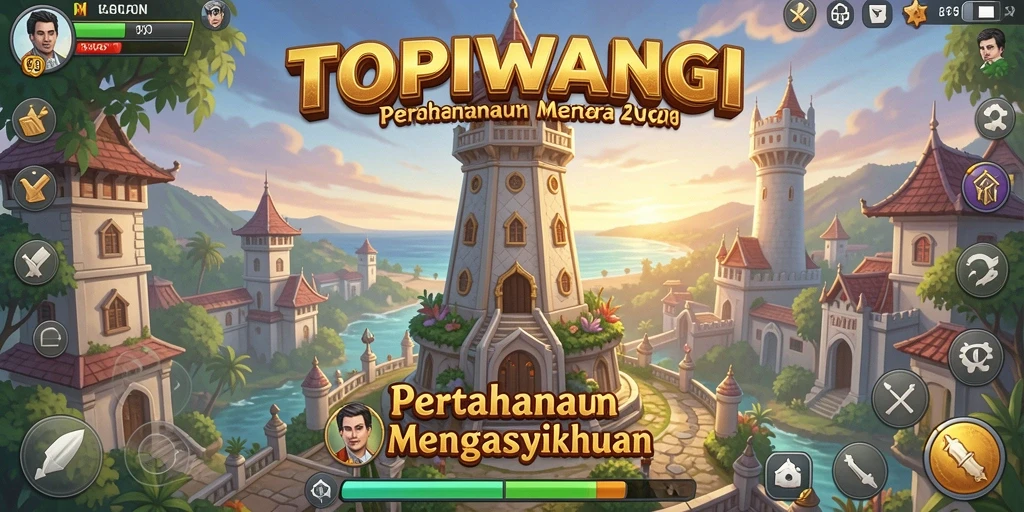 Tampilan gameplay <strong>TOPIWANGI</strong> dengan menara dan musuh yang epik.
