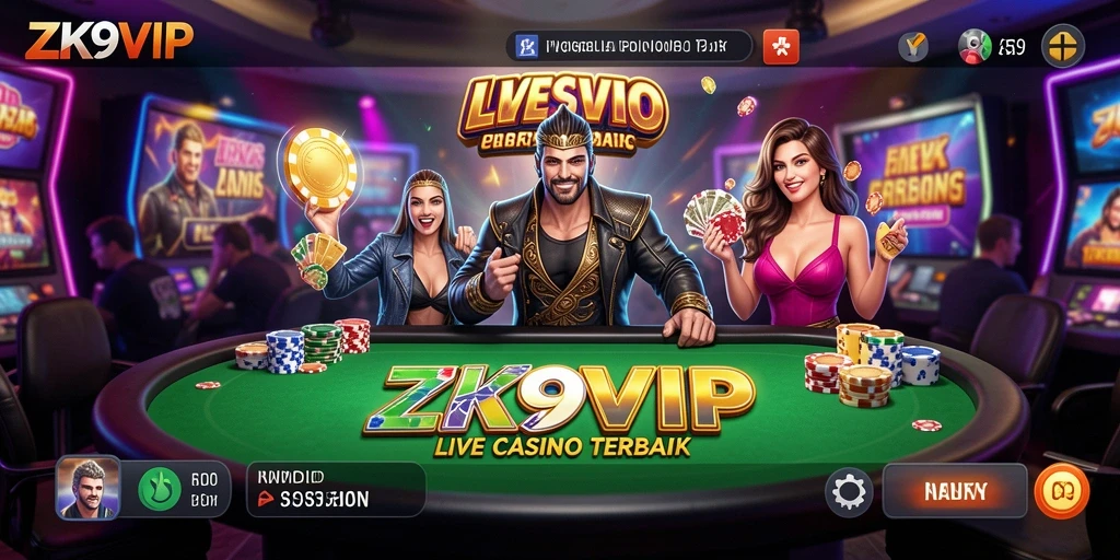 Screenshot gameplay ZK9VIP menampilkan dealer dan pemain dalam suasana casino langsung.